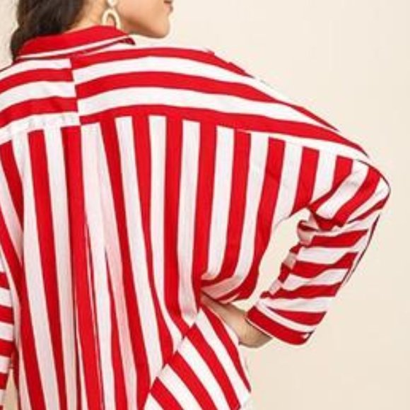 Striped Long Roll Up Dolman Sleeve button Up - Picture 4 of 8